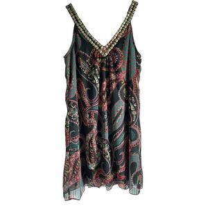 Angie Women’s Size Large V Neck Studded Paisley Print Boho Dress‎
